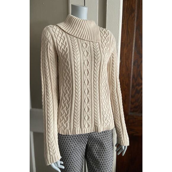 WAINSCOTT Cream/White Braided Knit Fisherman Sweater w/Split Collar sz Small - Picture 2 of 9